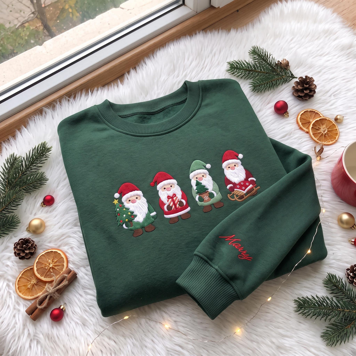 Embroidered Christmas Cute Santas Sweatshirt, Custom Sleeve Name Cute Santa Claus Shirt, Festive Holiday Gift Vintage Xmas Crewneck