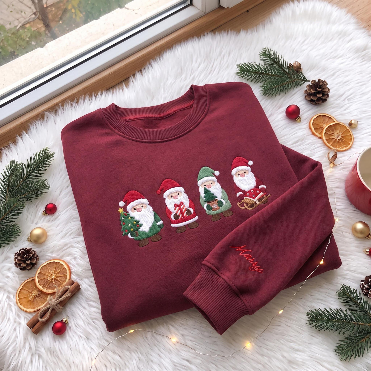 Embroidered Christmas Cute Santas Sweatshirt, Custom Sleeve Name Cute Santa Claus Shirt, Festive Holiday Gift Vintage Xmas Crewneck
