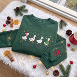 Embroidered Christmas Cute Ducks Sweatshirt, Custom Sleeve Name Bow Xmas Lights Goose Shirt, Festive Holiday Gift Vintage Family Crewneck