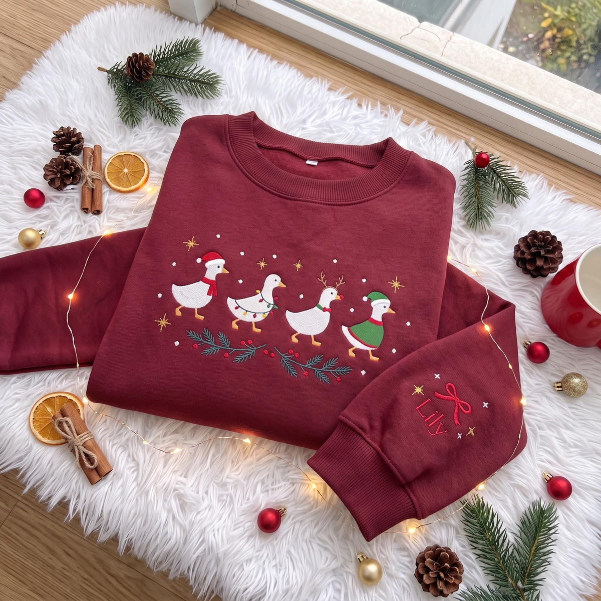 Embroidered Christmas Cute Ducks Sweatshirt, Custom Sleeve Name Bow Xmas Lights Goose Shirt, Festive Holiday Gift Vintage Family Crewneck