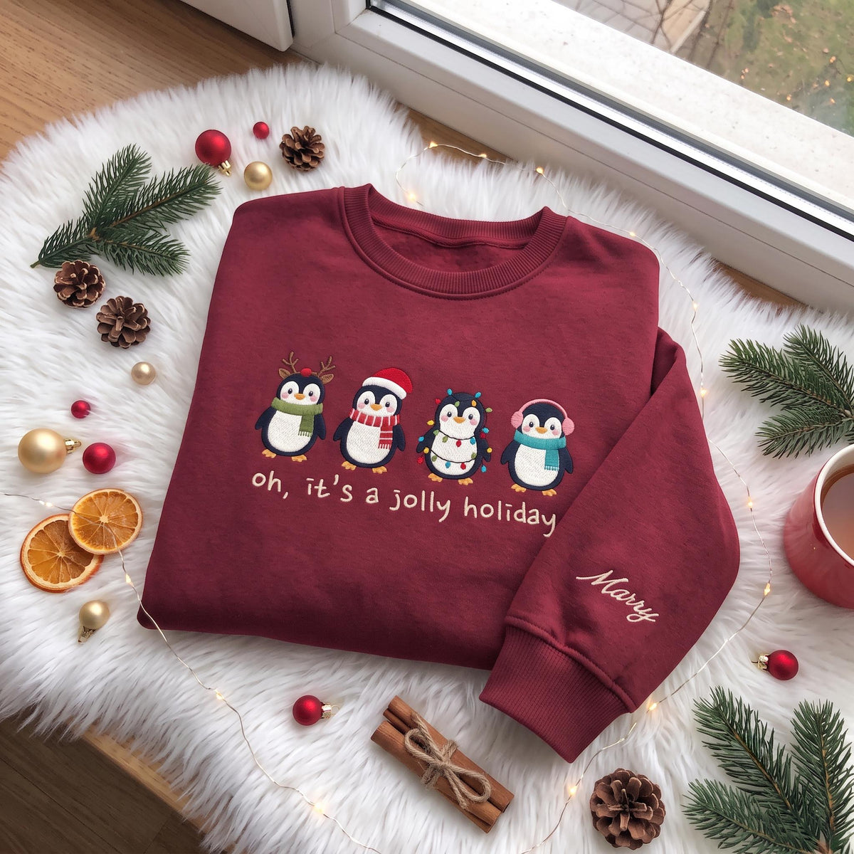 Embroidered Christmas Cute Penguins Sweatshirt, Custom Sleeve Name Oh It's a Jolly Holiday Shirt, Festive Gift Cute Xmas Winter Crewneck