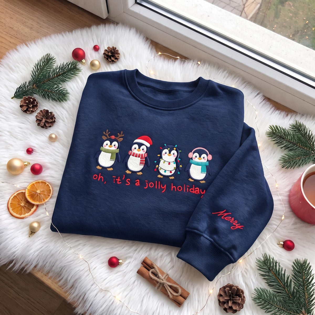 Embroidered Christmas Cute Penguins Sweatshirt, Custom Sleeve Name Oh It's a Jolly Holiday Shirt, Festive Gift Cute Xmas Winter Crewneck