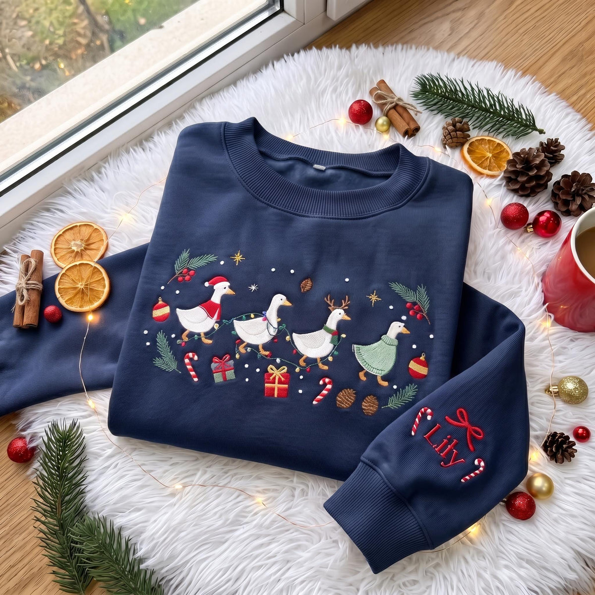 Embroidered Christmas Geese Sweatshirt, Custom Sleeve Name Cute Christmas Goose Shirt, Festive Holiday Gift Vintage Family Crewneck