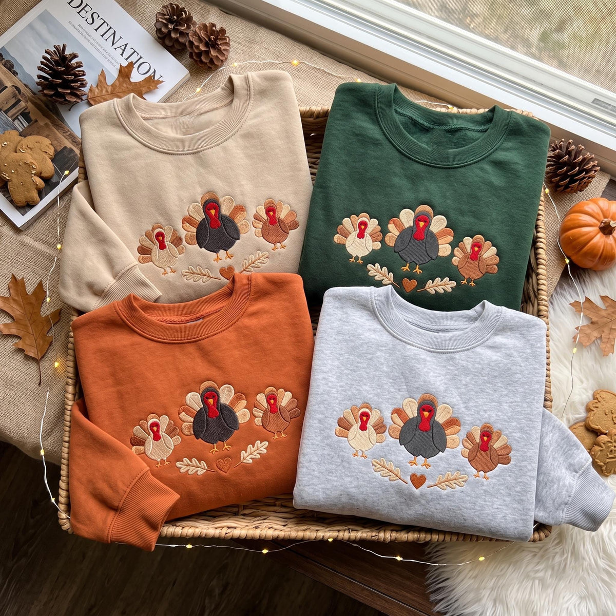 Embroidered Turkey Family Thanksgiving Sweatshirt Fall Crewneck Autumn Holiday Gift, Fall Lover Gift, Thanksgiving Shirt