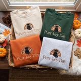 Purr-key Day Embroidered Cat Turkey Thanksgiving Sweatshirt Fall Crewneck Holiday Gift, Thankful Sweatshirt, Women's Thanksgiving Sweater