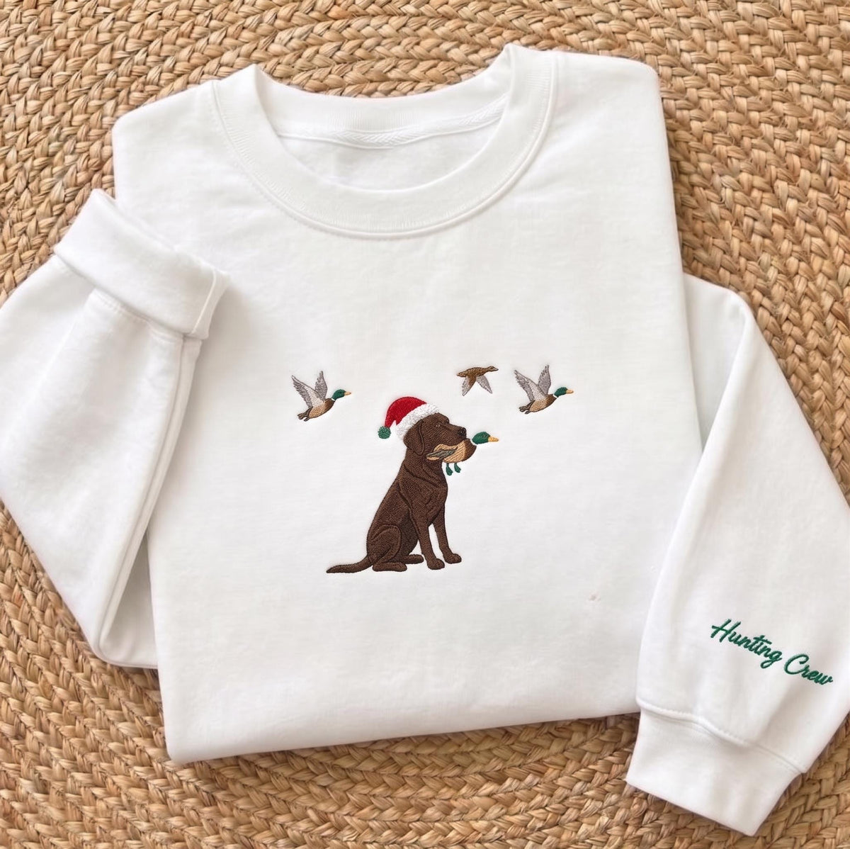 Christmas Hunting Dog Embroidered Sweatshirt, Chocolate Lab Duck Hunting Sleeve Crewneck