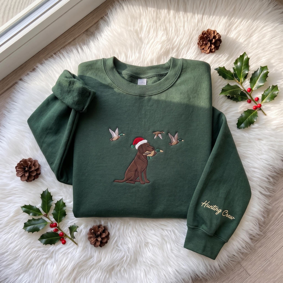 Christmas Hunting Dog Embroidered Sweatshirt, Chocolate Lab Duck Hunting Sleeve Crewneck