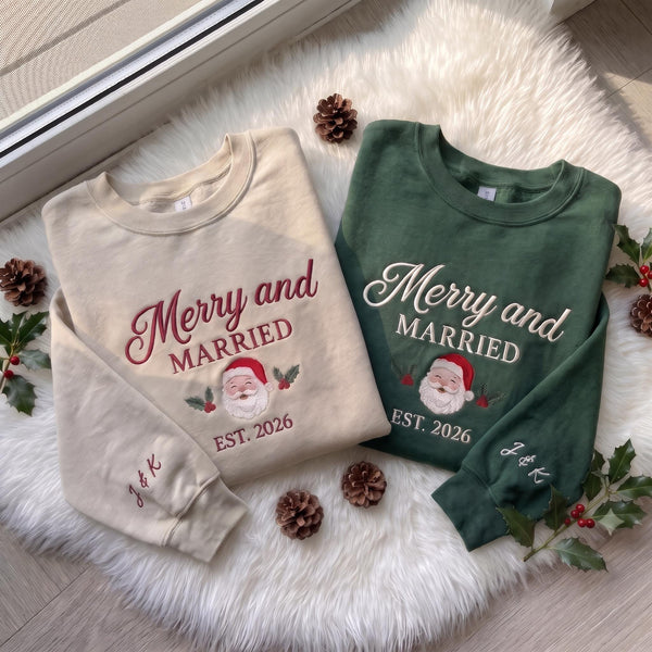 Merry and Married Retro Santa Sweatshirt, Custom Sleeve Initials Est Year Crewneck