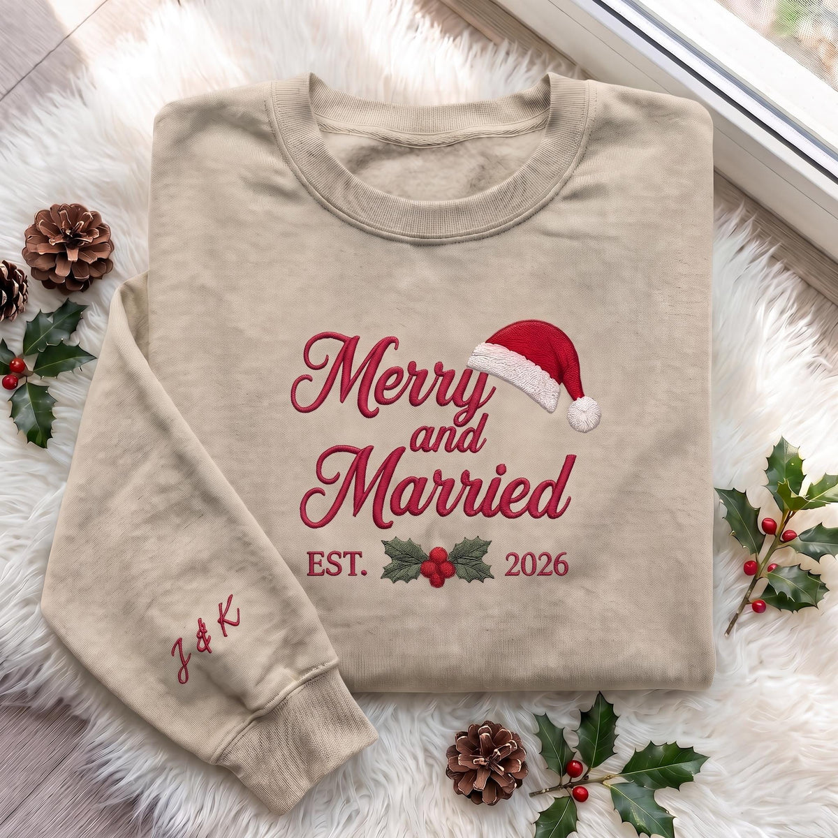 Merry and Married Christmas Sweatshirt, Custom Sleeve Initials Est Year Crewneck