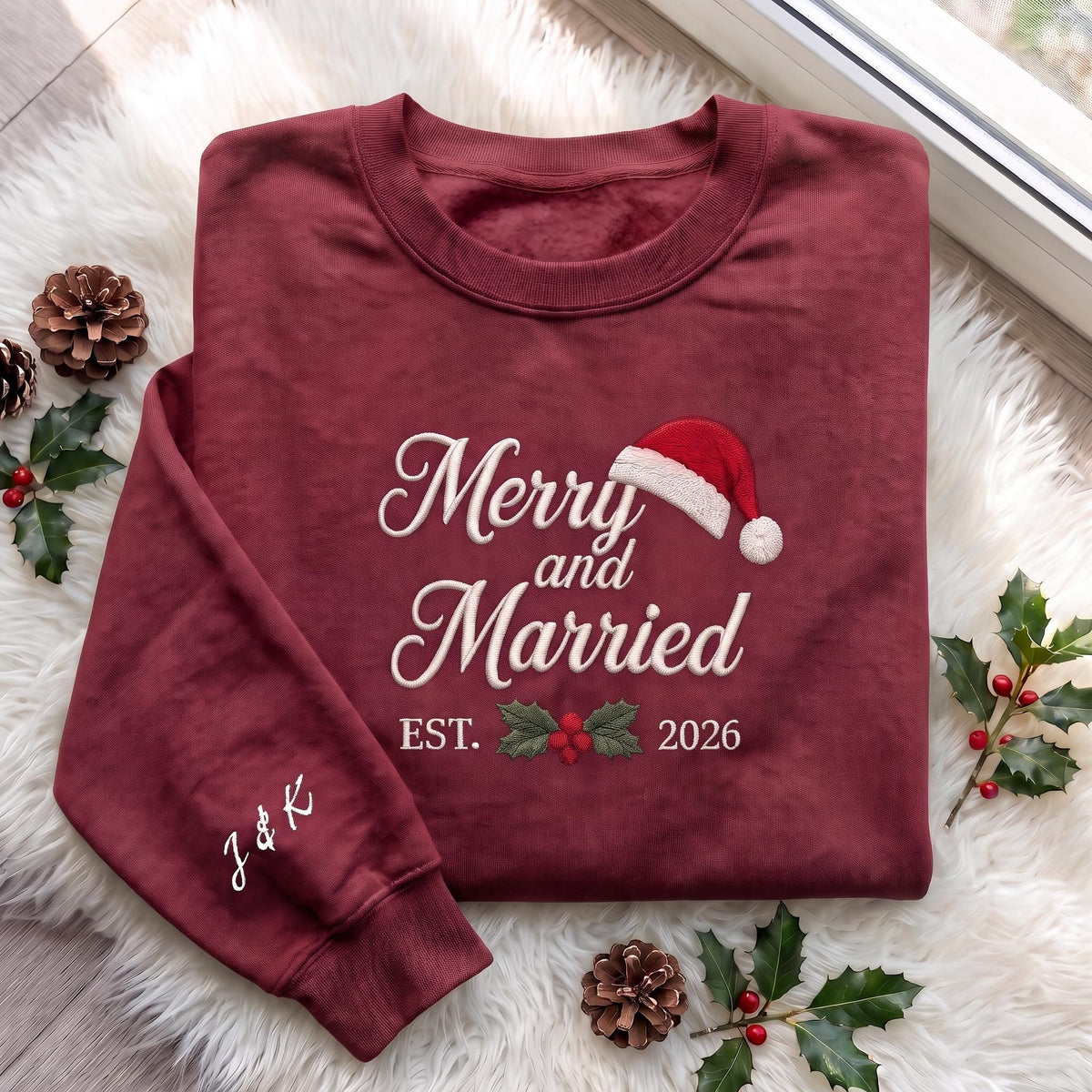 Merry and Married Christmas Sweatshirt, Custom Sleeve Initials Est Year Crewneck
