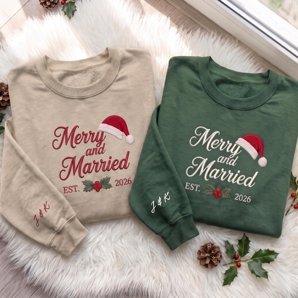 Merry and Married Christmas Sweatshirt, Custom Sleeve Initials Est Year Crewneck