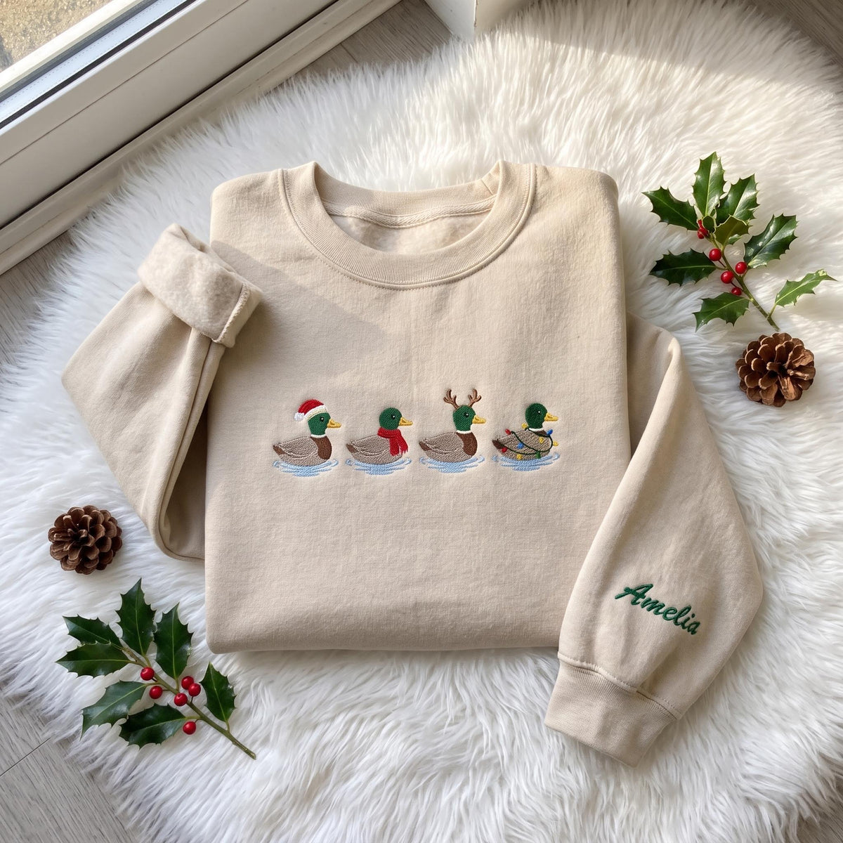 Christmas Mallard Duck Embroidered Sweatshirt, Custom Sleeve Name Winter Holiday Crewneck