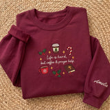 Coffee and Prayer Embroidered Sweatshirt, Custom Sleeve Name Bible Verse Christian Crewneck