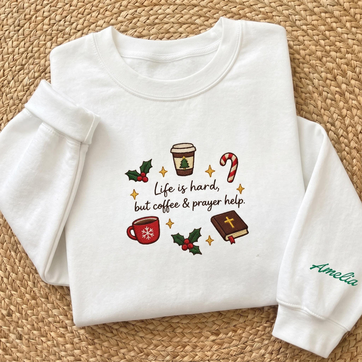 Coffee and Prayer Embroidered Sweatshirt, Custom Sleeve Name Bible Verse Christian Crewneck