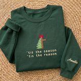 Tis The Reason Christmas Cross Sweatshirt, Custom Sleeve Name Embroidered Crewneck