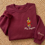 Christmas Teacher Pencil Tree Sweatshirt, Custom Sleeve Grade Embroidered Crewneck
