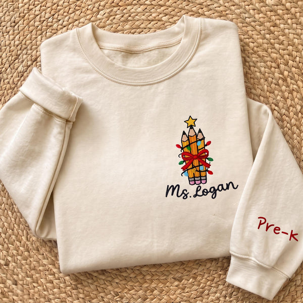 Christmas Teacher Pencil Tree Sweatshirt, Custom Sleeve Grade Embroidered Crewneck