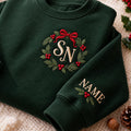 Custom Monogram Christmas Embroidered Sweatshirt, Personalized Wreath Sleeve Crewneck