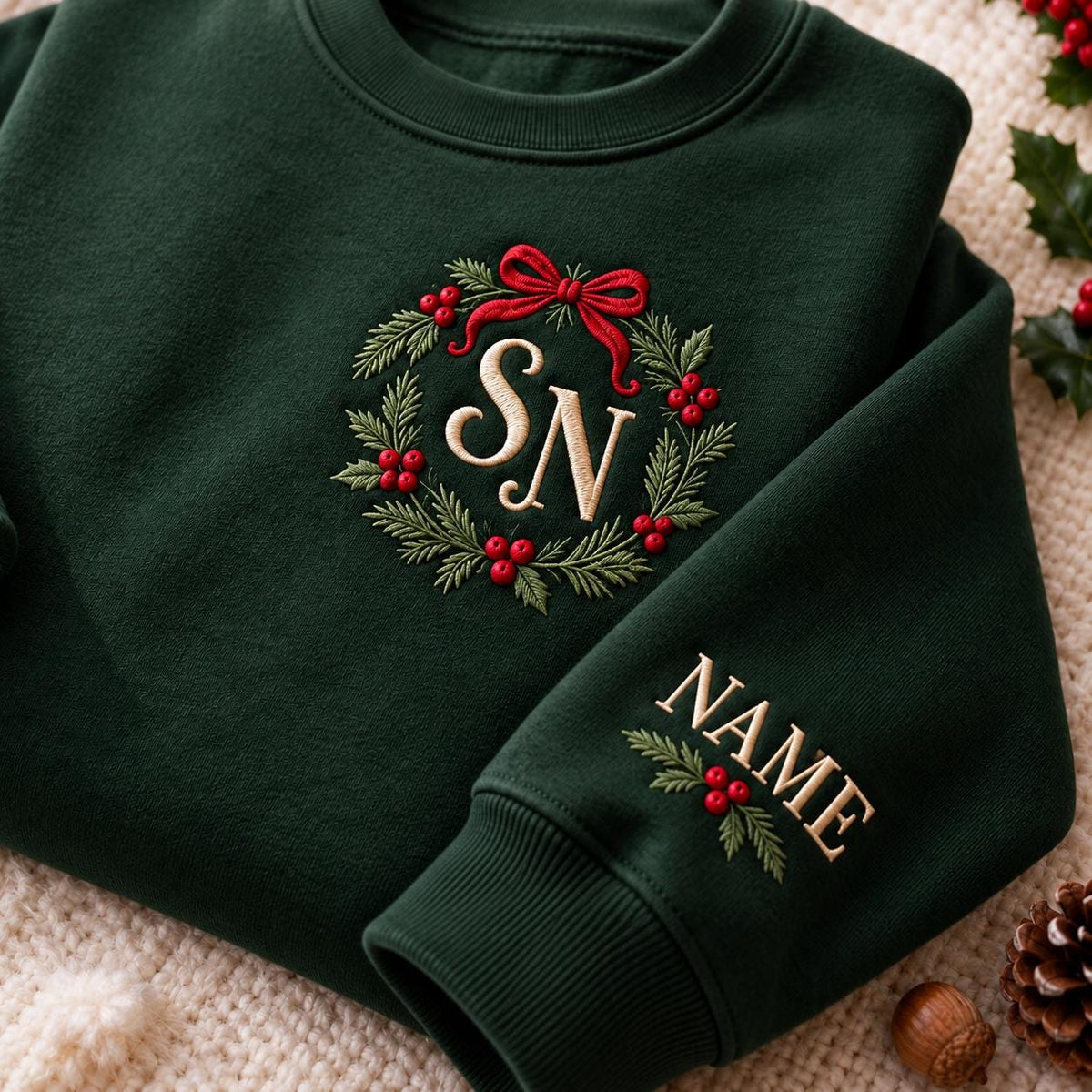 Custom Monogram Christmas Embroidered Sweatshirt, Personalized Wreath Sleeve Crewneck