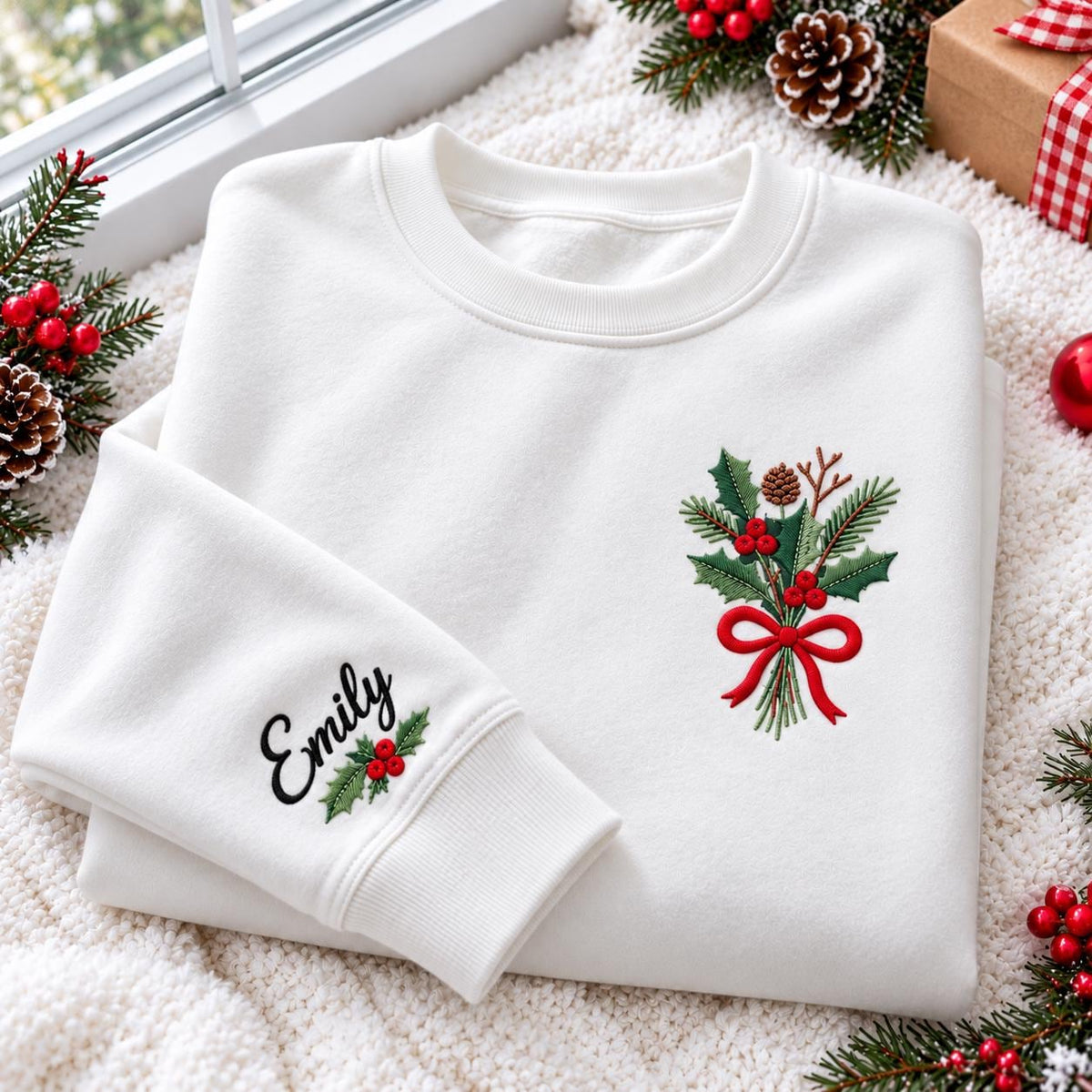 Custom Name Holly Pine Ribbon Sweatshirt, Personalized Sleeve Christmas Crewneck