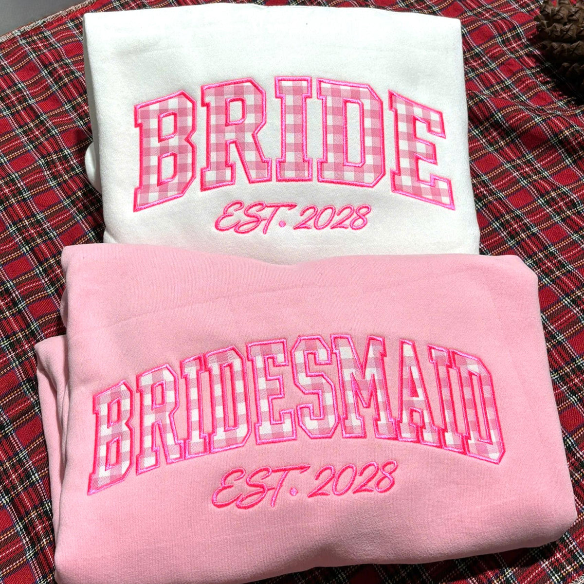 Custom Embroidered Bride Bridesmaid Sweatshirt, Pink Gingham Applique Est 2026 Crewneck, Bachelorette Party Sweater, Bridal Shower Gift