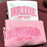 Custom Embroidered Bride Bridesmaid Sweatshirt, Pink Gingham Applique Est 2026 Crewneck, Bachelorette Party Sweater, Bridal Shower Gift