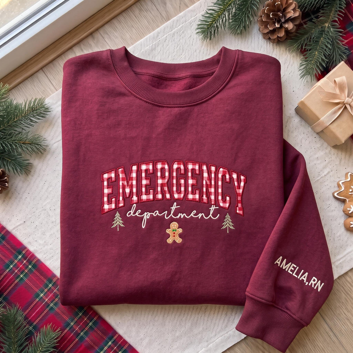 Emergency Department Embroidered Sweatshirt, Red Gingham ER Nurse Sleeve Name Crewneck