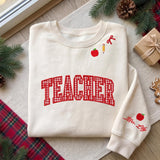 Christmas Teacher Embroidered Sweatshirt, Red Gingham Applique Apple Sleeve Crewneck