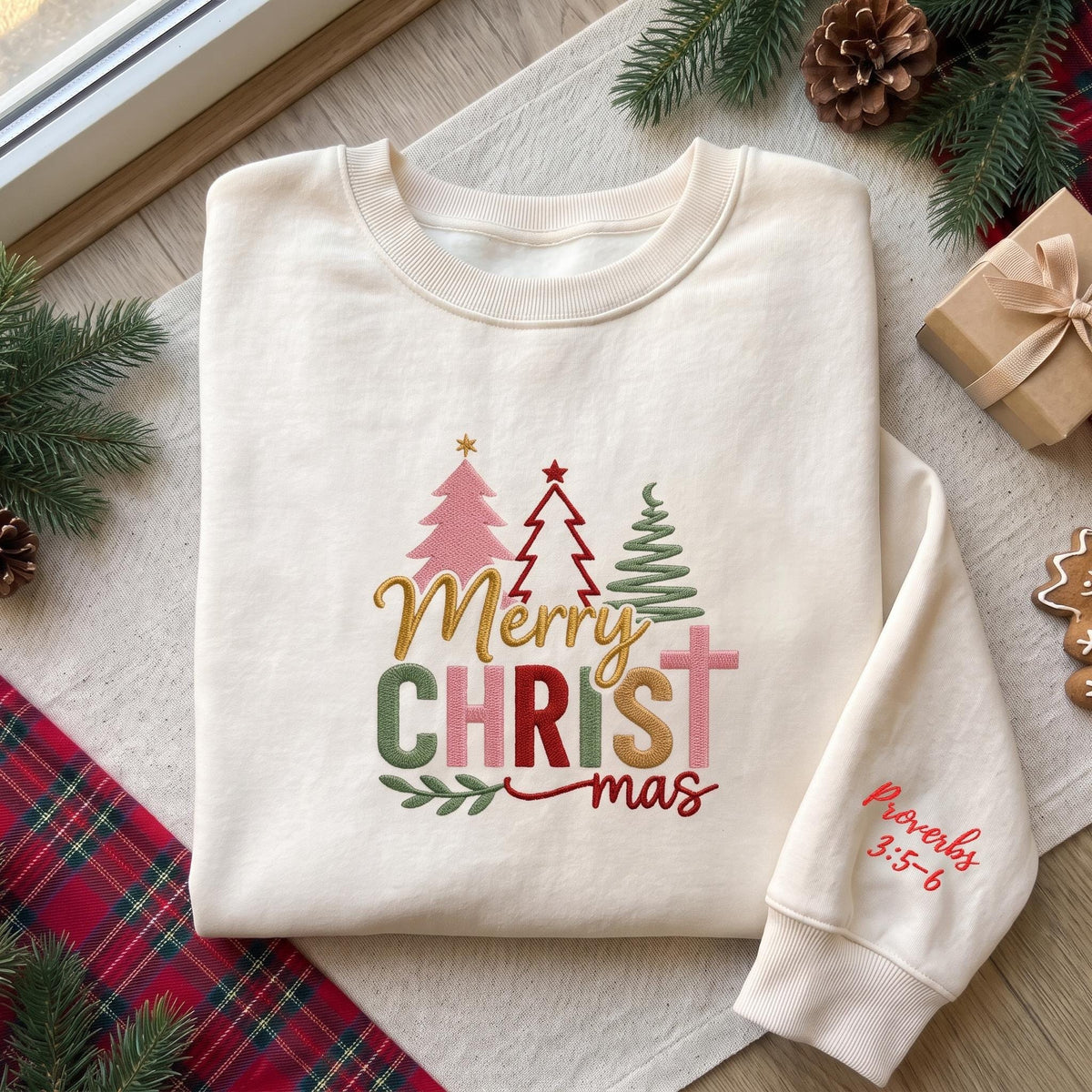 Merry Christmas Cross Trees Sweatshirt, Custom Bible Verse Sleeve Embroidered Crewneck