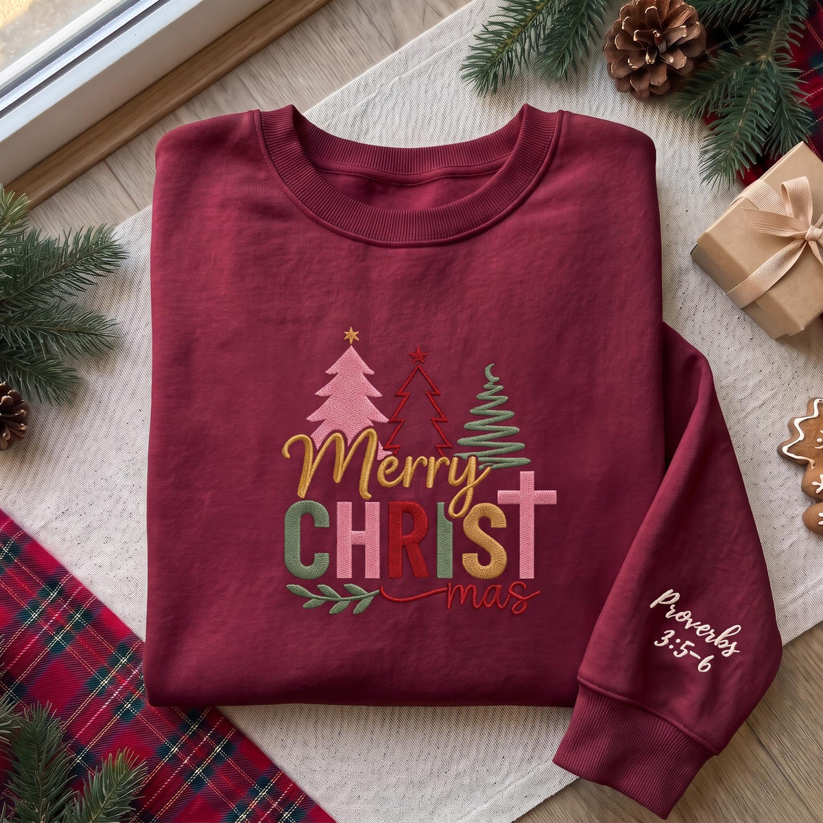 Merry Christmas Cross Trees Sweatshirt, Custom Bible Verse Sleeve Embroidered Crewneck