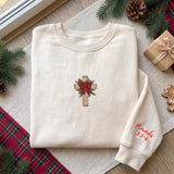 Christmas Cross Embroidered Sweatshirt, Custom Bible Verse Sleeve Floral Bow Crewneck