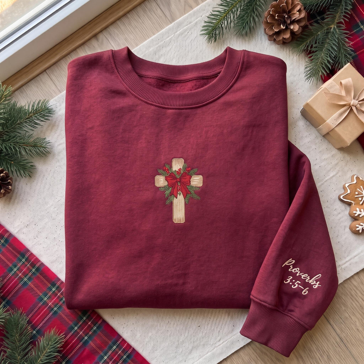 Christmas Cross Embroidered Sweatshirt, Custom Bible Verse Sleeve Floral Bow Crewneck