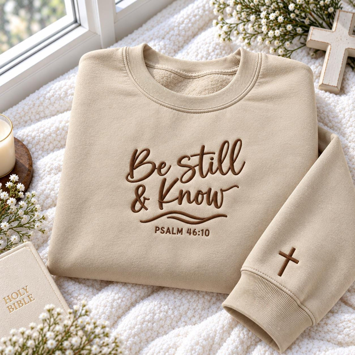 Be Still And Know Psalm 46 Embroidered Sweatshirt, Cross Sleeve Christian Faith Crewneck