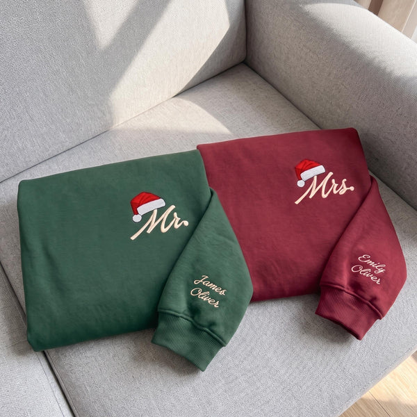 Embroidered Mr Mrs Christmas Couples Sweatshirt, Custom Sleeve Name Santa Hat Shirt, Matching Couples Holiday Gift Cozy Xmas Crewneck