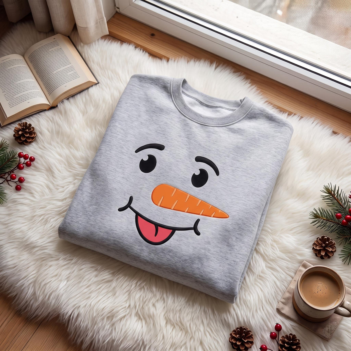 Snowman Face Christmas Embroidered Sweatshirt, Family Matching Holiday Xmas Crewneck