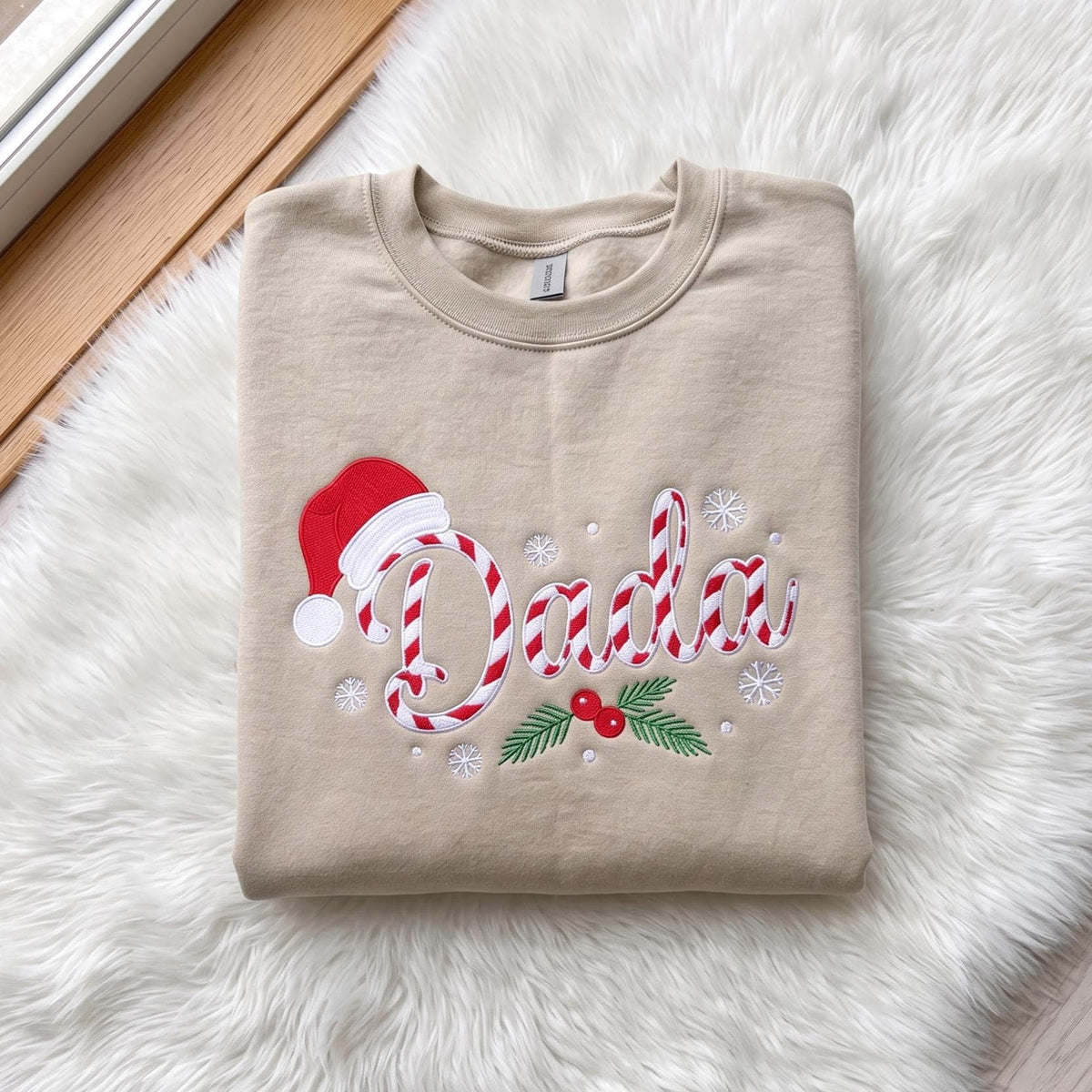 Candy Cane Christmas Embroidered Sweatshirt, Custom Name Santa Hat Family Crewneck