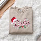 Candy Cane Christmas Embroidered Sweatshirt, Custom Name Santa Hat Family Crewneck