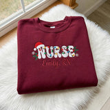 Christmas Nurse Embroidered Sweatshirt, Custom Name RN Xmas Tree Lights Crewneck