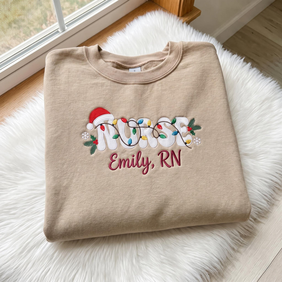 Christmas Nurse Embroidered Sweatshirt, Custom Name RN Xmas Tree Lights Crewneck