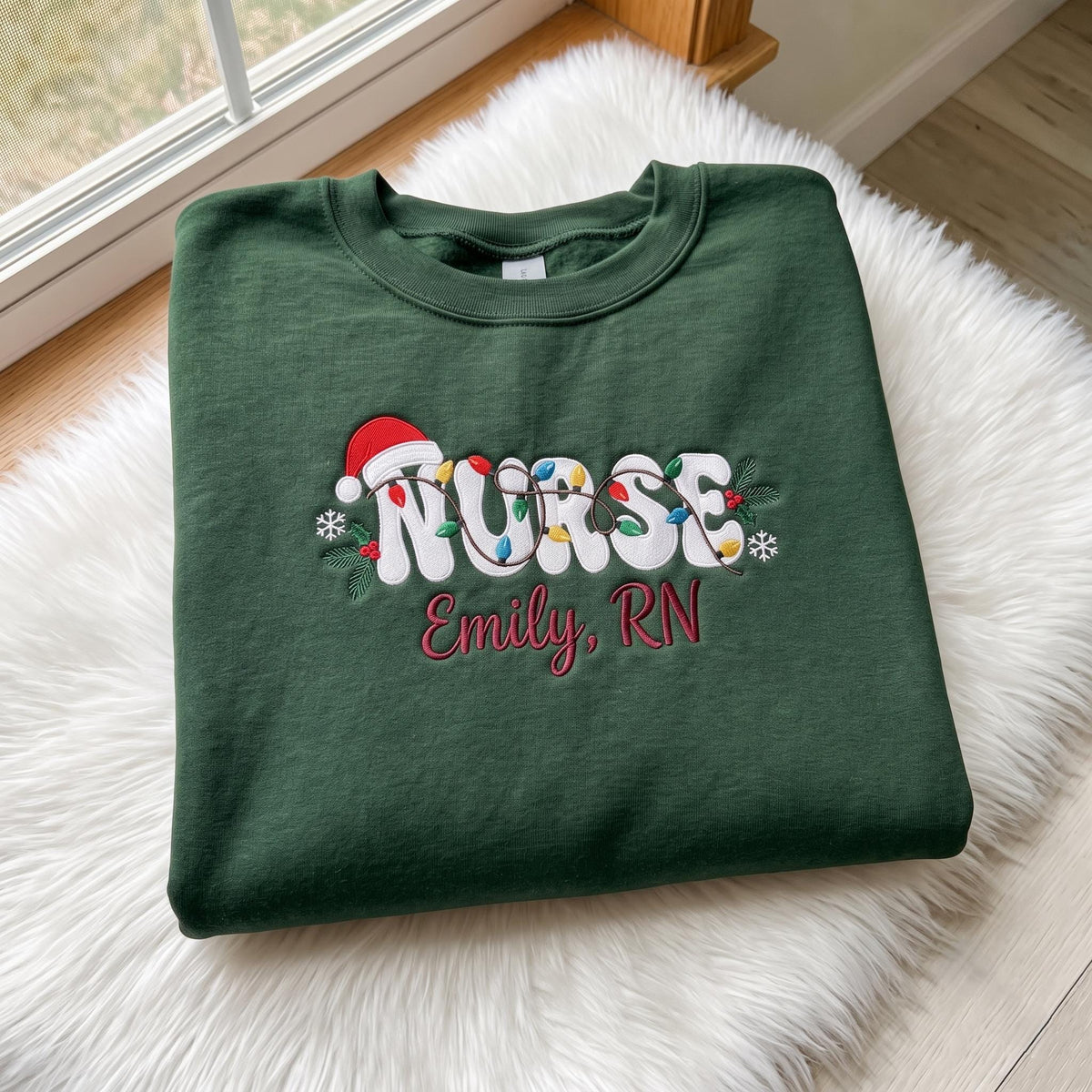 Christmas Nurse Embroidered Sweatshirt, Custom Name RN Xmas Tree Lights Crewneck