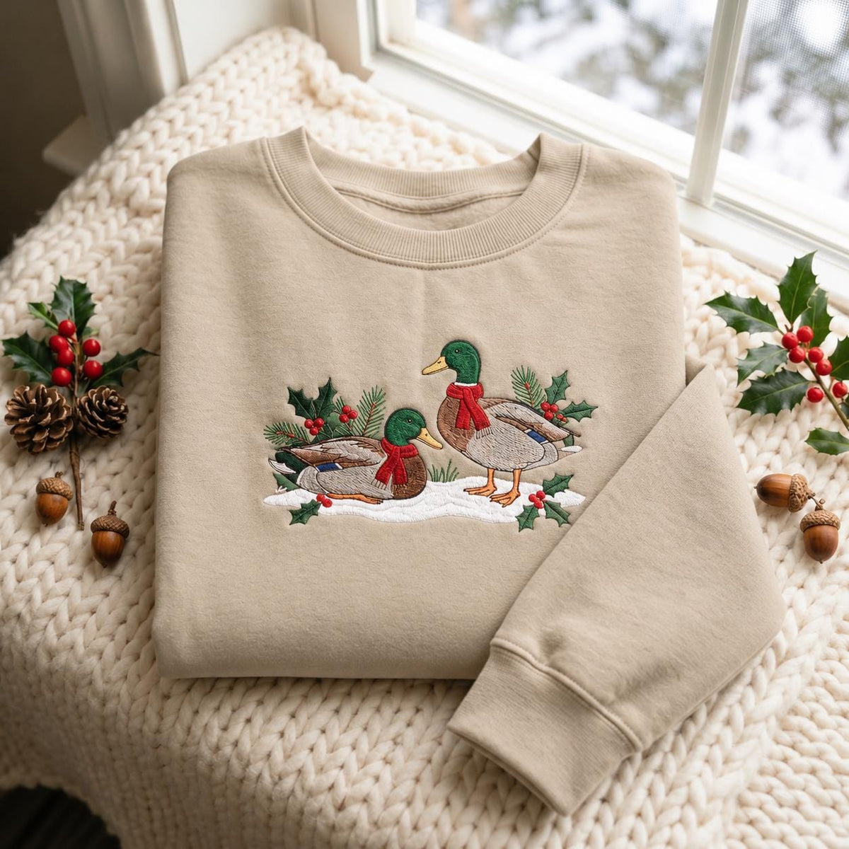 Vintage Mallard Duck Christmas Embroidered Sweatshirt, Country Winter Holiday Crewneck