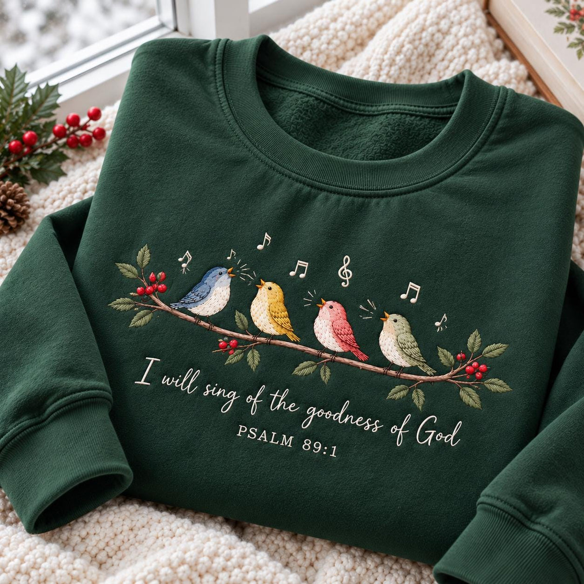 Goodness Of God Psalm 89 Birds Embroidered Sweatshirt, Custom Bible Verse Faith Crewneck