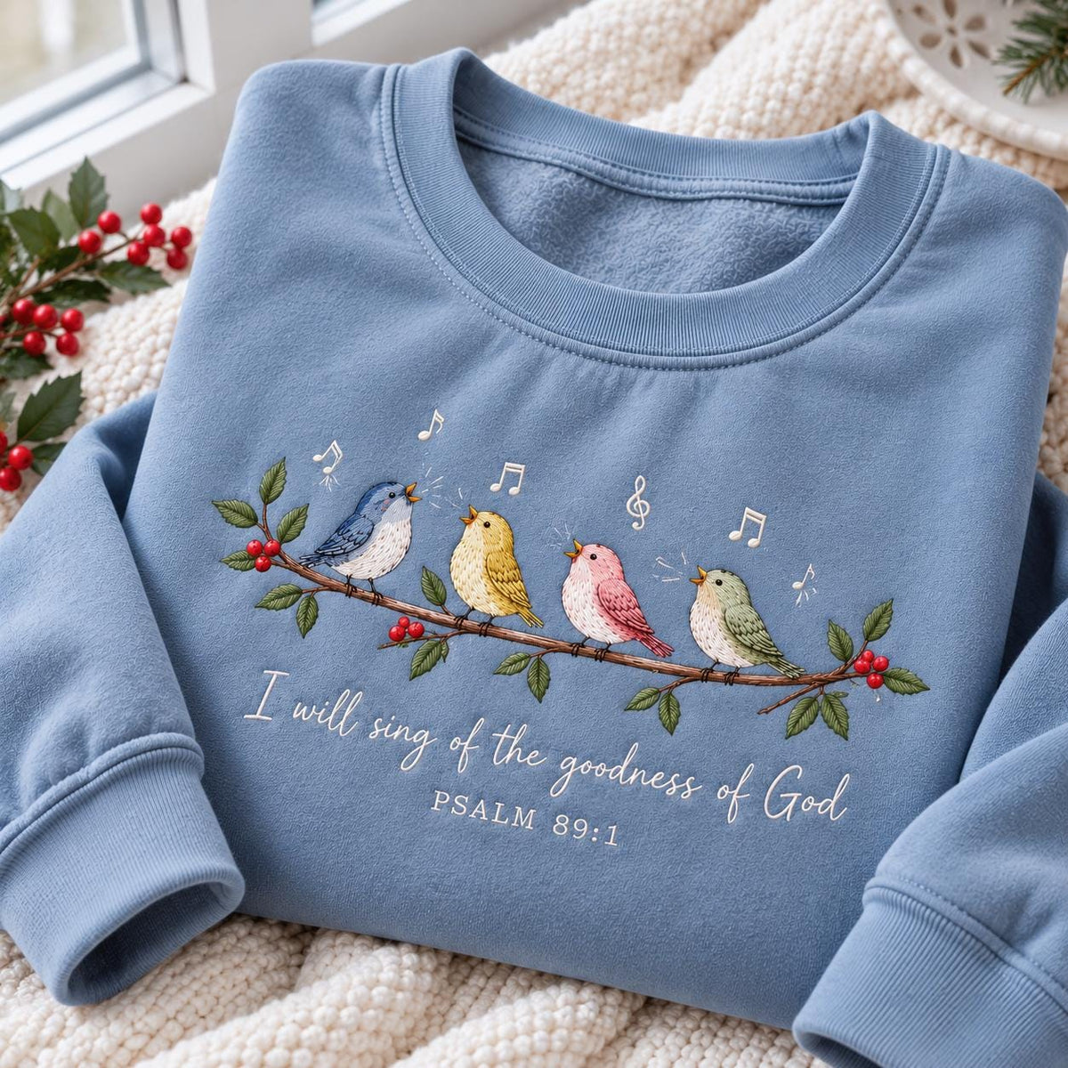 Goodness Of God Psalm 89 Birds Embroidered Sweatshirt, Custom Bible Verse Faith Crewneck