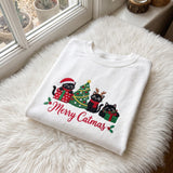 Merry Catmas Embroidered Sweatshirt, Black Cat Christmas Tree Cat Lover Crewneck