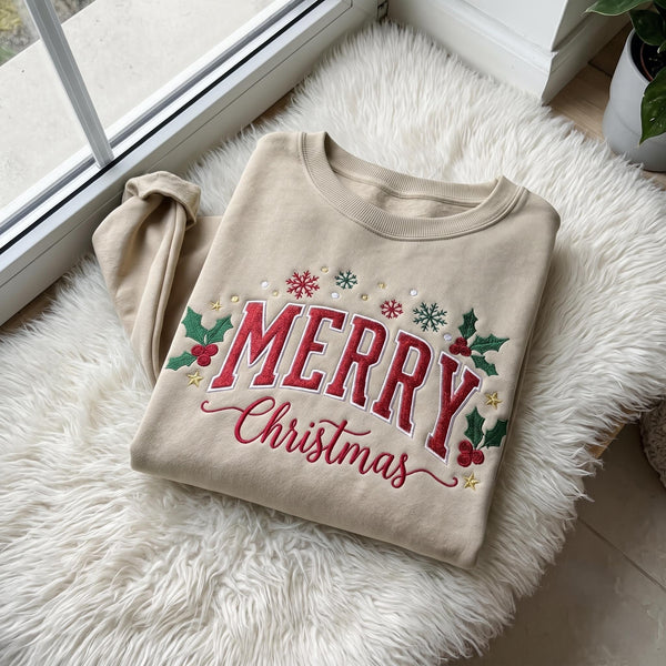 Glitter Merry Christmas Embroidered Sweatshirt, Bow Holly Snowflake Xmas Crewneck