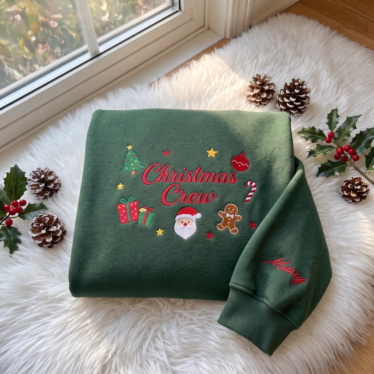 Christmas Crew Embroidered Sweatshirt, Custom Sleeve Name Santa Gingerbread Xmas Crewneck
