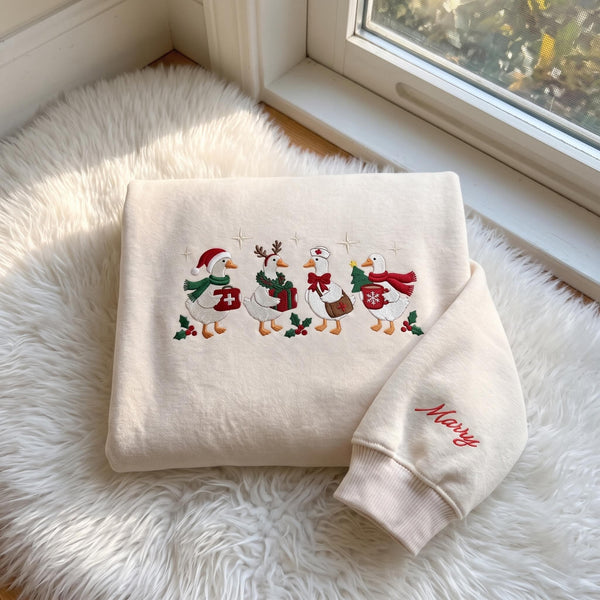 Christmas Goose Embroidered Sweatshirt, Custom Sleeve Name Nurse Goose Xmas Crewneck