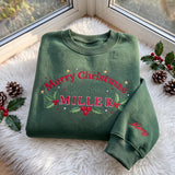 Merry Christmas Family Embroidered Sweatshirt, Custom Last Name Sleeve Holly Crewneck