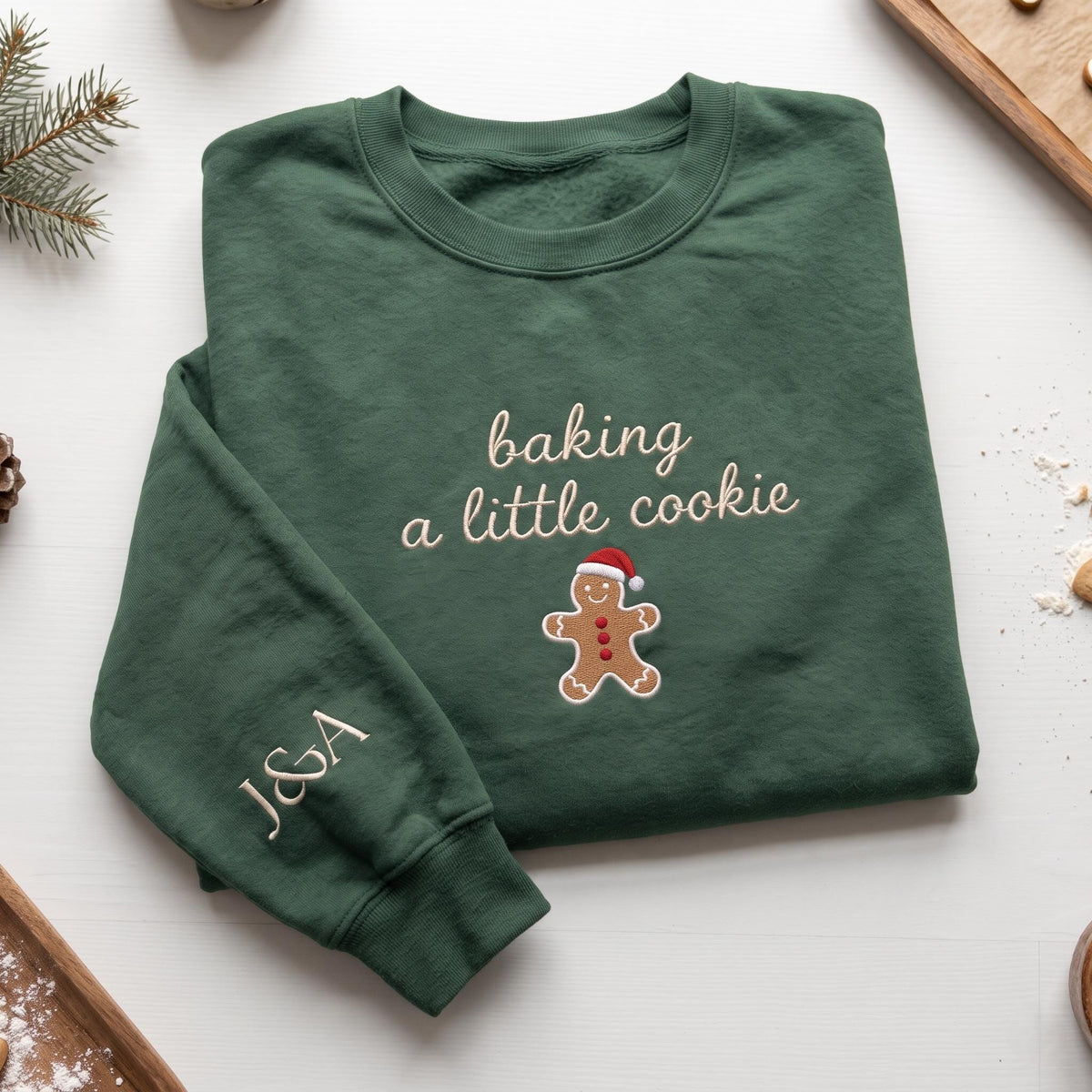 Baking A Little Cookie Sweatshirt, Custom Sleeve Initials Pregnancy Christmas Crewneck