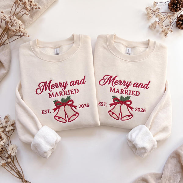 Merry and Married Embroidered Sweatshirt, Custom Established Year Wedding Bells Crewneck